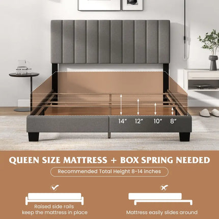 Queen Size Upholstered Bed Frame with Vertical Channel Tufted Headboard Gray - Gray - Simple Bed Frame