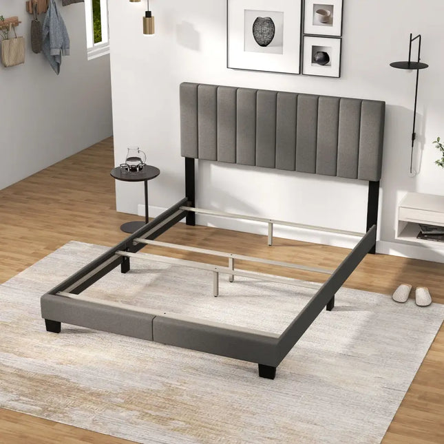 Queen Size Upholstered Bed Frame with Vertical Channel Tufted Headboard Gray - Gray - Simple Bed Frame