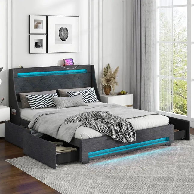 Queen Size Upholstered Platform Bed Frame with LED Lights and Charging Station-Grey - Gray - Simple Bed Frame