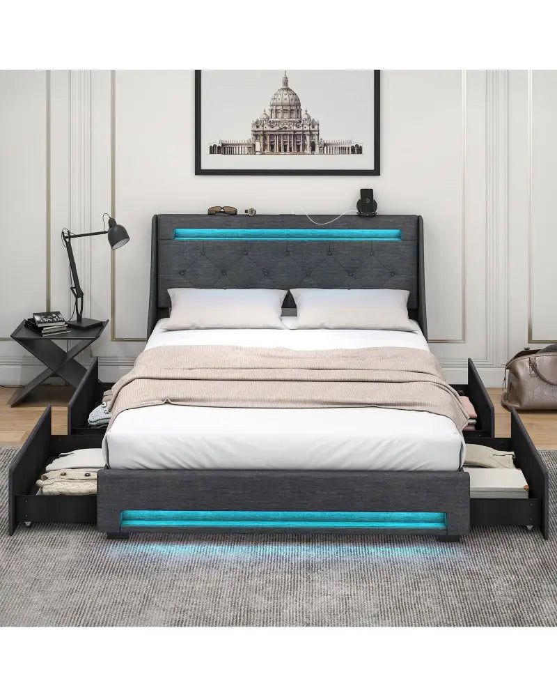 Queen Size Upholstered Platform Bed Frame with LED Lights and Charging Station-Grey - Gray - Simple Bed Frame