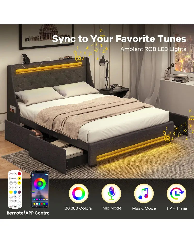 Queen Size Upholstered Platform Bed Frame with LED Lights and Charging Station-Grey - Gray - Simple Bed Frame