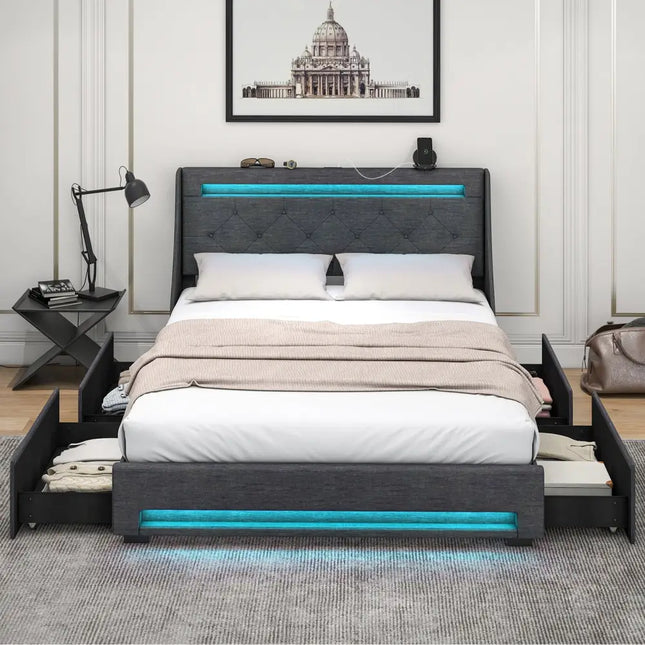 Queen Size Upholstered Platform Bed Frame with LED Lights and Charging Station-Grey - Gray - Simple Bed Frame