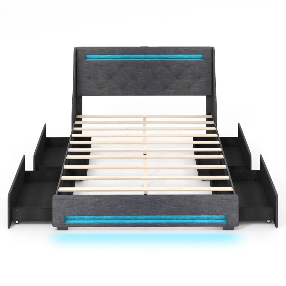Queen Size Upholstered Platform Bed Frame with LED Lights and Charging Station-Grey - Gray - Simple Bed Frame