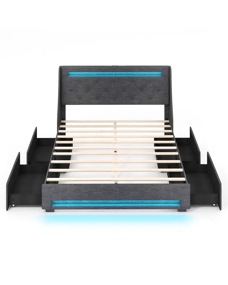 Queen Size Upholstered Platform Bed Frame with LED Lights and Charging Station-Grey - Gray - Simple Bed Frame