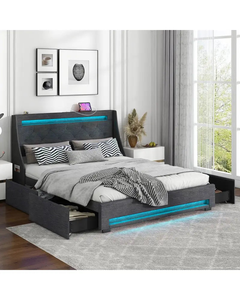 Queen Size Upholstered Platform Bed Frame with LED Lights and Charging Station-Grey - Gray - Simple Bed Frame