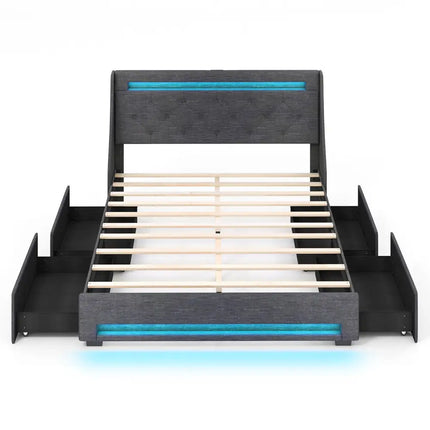 Queen Size Upholstered Platform Bed Frame with LED Lights and Charging Station-Grey - Gray - Simple Bed Frame