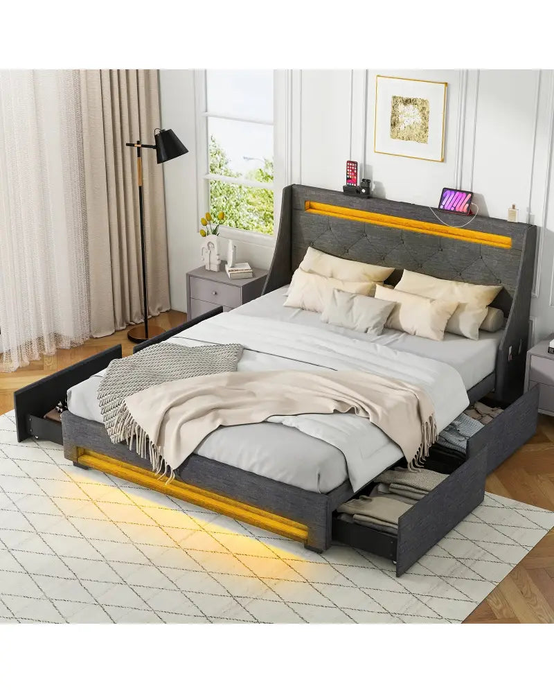 Queen Size Upholstered Platform Bed Frame with LED Lights and Charging Station-Grey - Gray - Simple Bed Frame