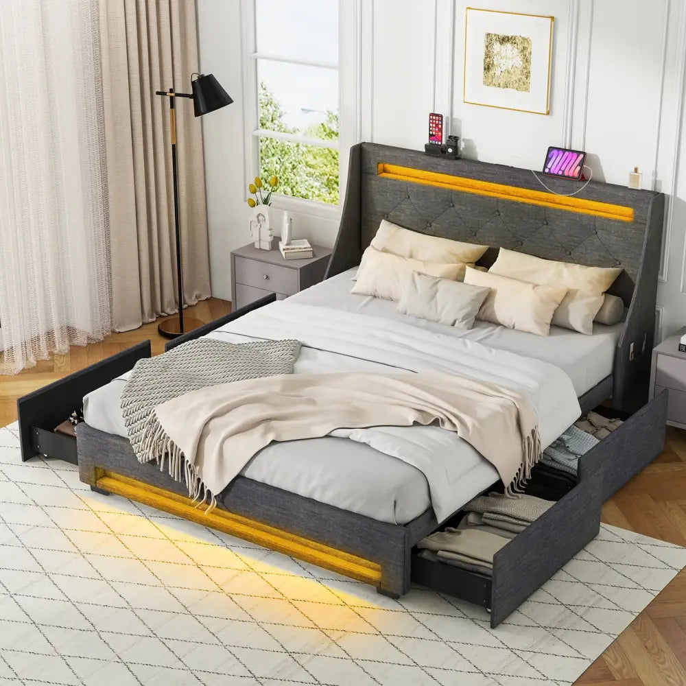 Queen Size Upholstered Platform Bed Frame with LED Lights and Charging Station-Grey - Gray - Simple Bed Frame