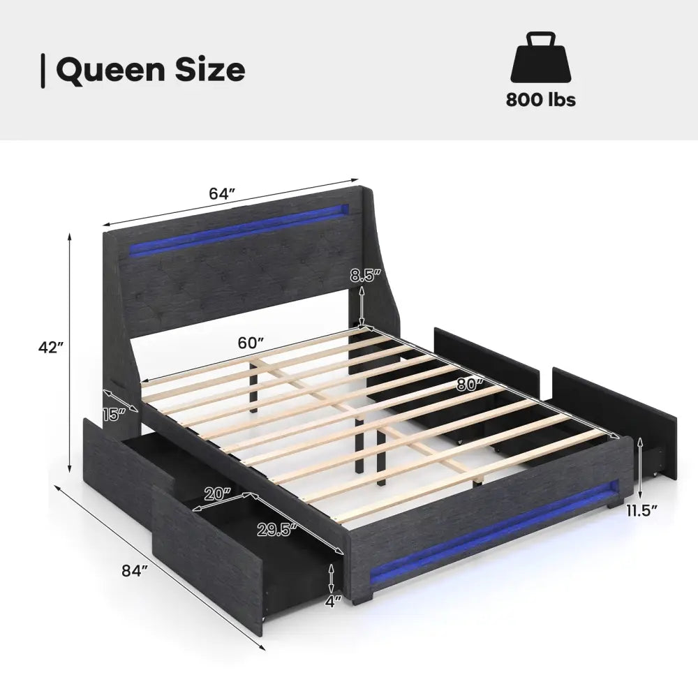 Queen Size Upholstered Platform Bed Frame with LED Lights and Charging Station-Grey - Gray - Simple Bed Frame