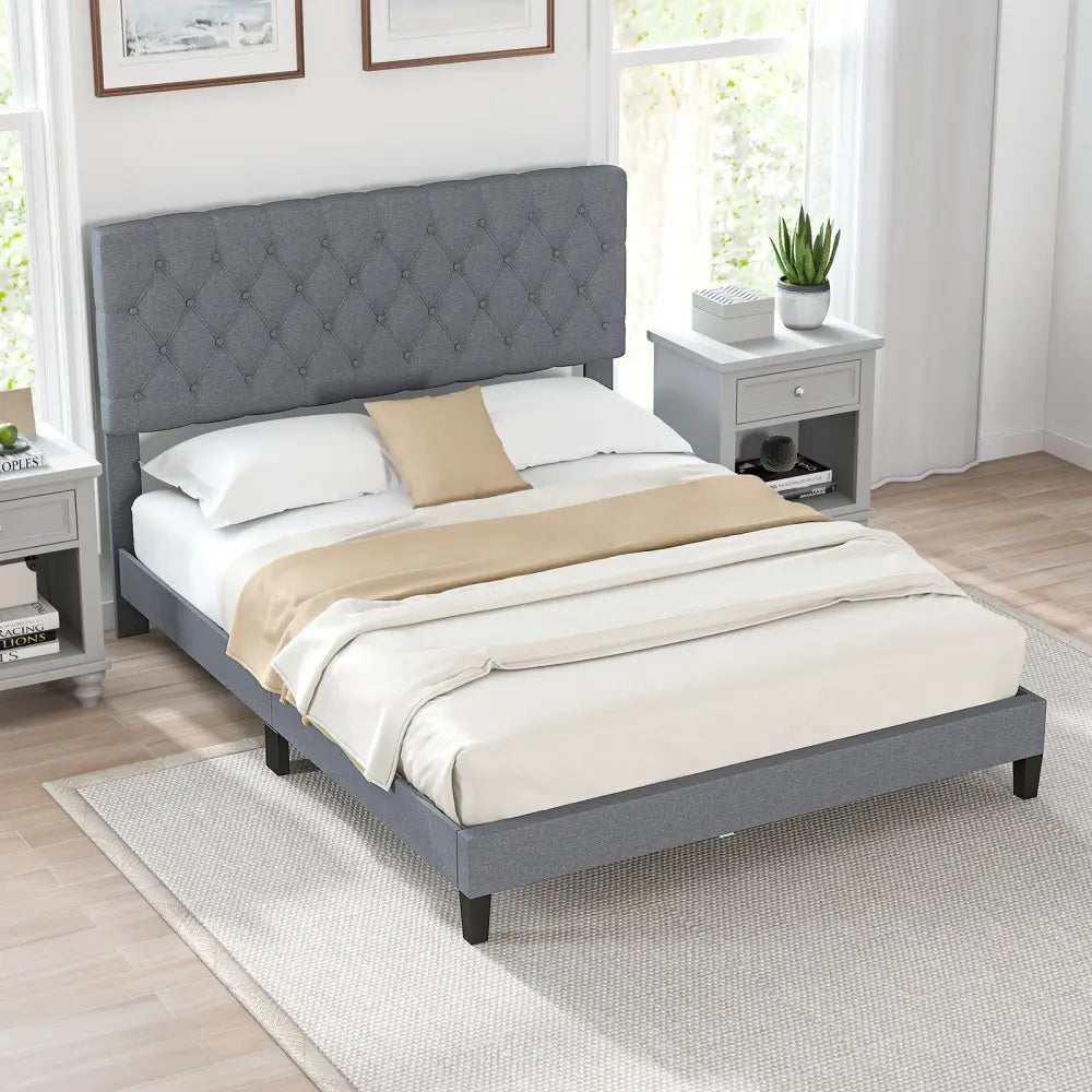 Queen Size Upholstered Platform Bed with Button Tufted Headboard-Queen & Gray - Simple Bed Frame
