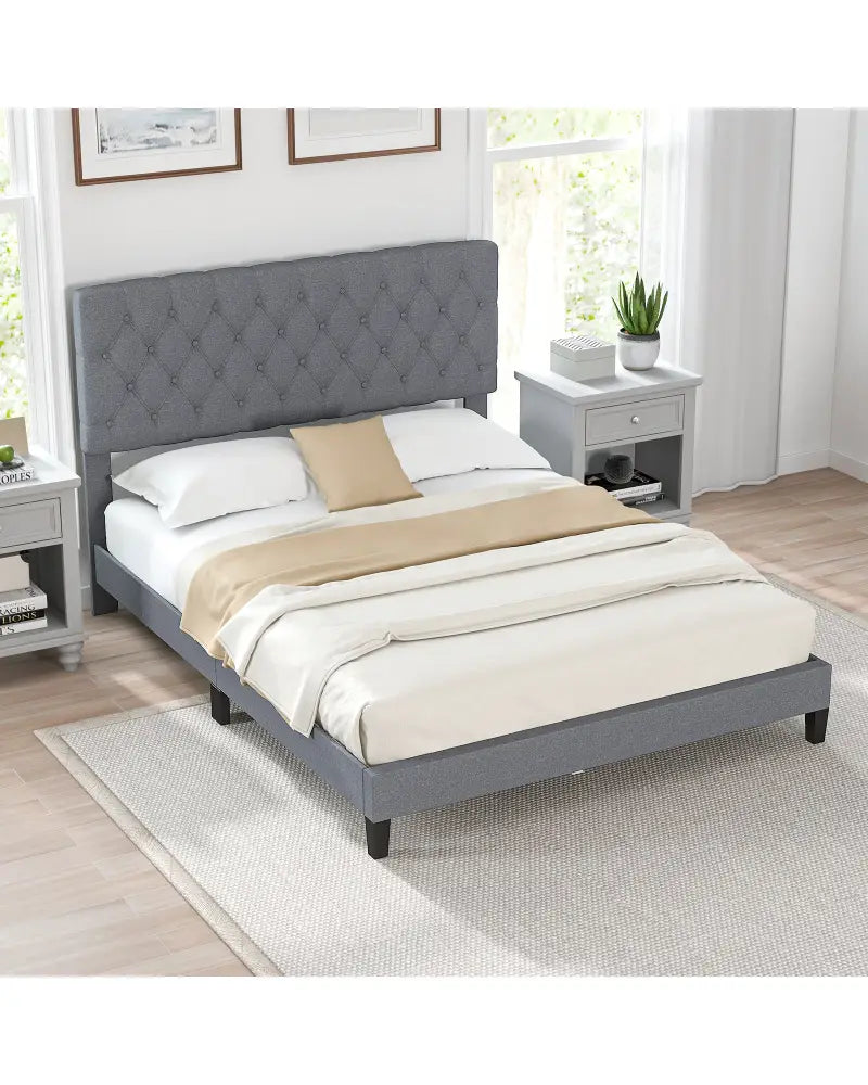 Queen Size Upholstered Platform Bed with Button Tufted Headboard-Queen & Gray - Simple Bed Frame