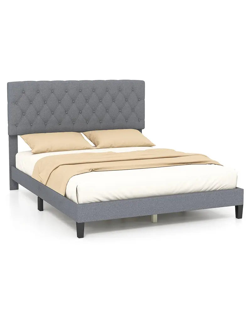 Queen Size Upholstered Platform Bed with Button Tufted Headboard-Queen & Gray - Simple Bed Frame