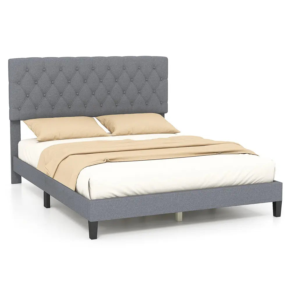 Queen Size Upholstered Platform Bed with Button Tufted Headboard-Queen & Gray - Simple Bed Frame