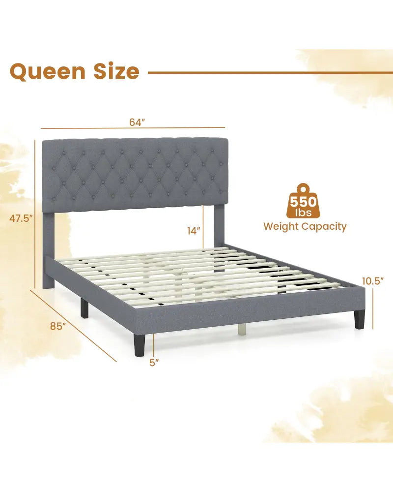 Queen Size Upholstered Platform Bed with Button Tufted Headboard-Queen & Gray - Simple Bed Frame