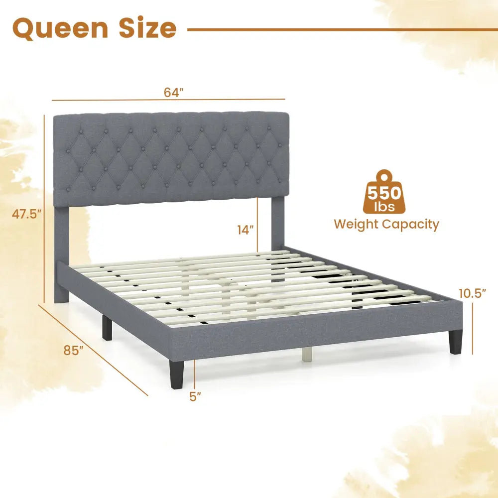 Queen Size Upholstered Platform Bed with Button Tufted Headboard-Queen & Gray - Simple Bed Frame