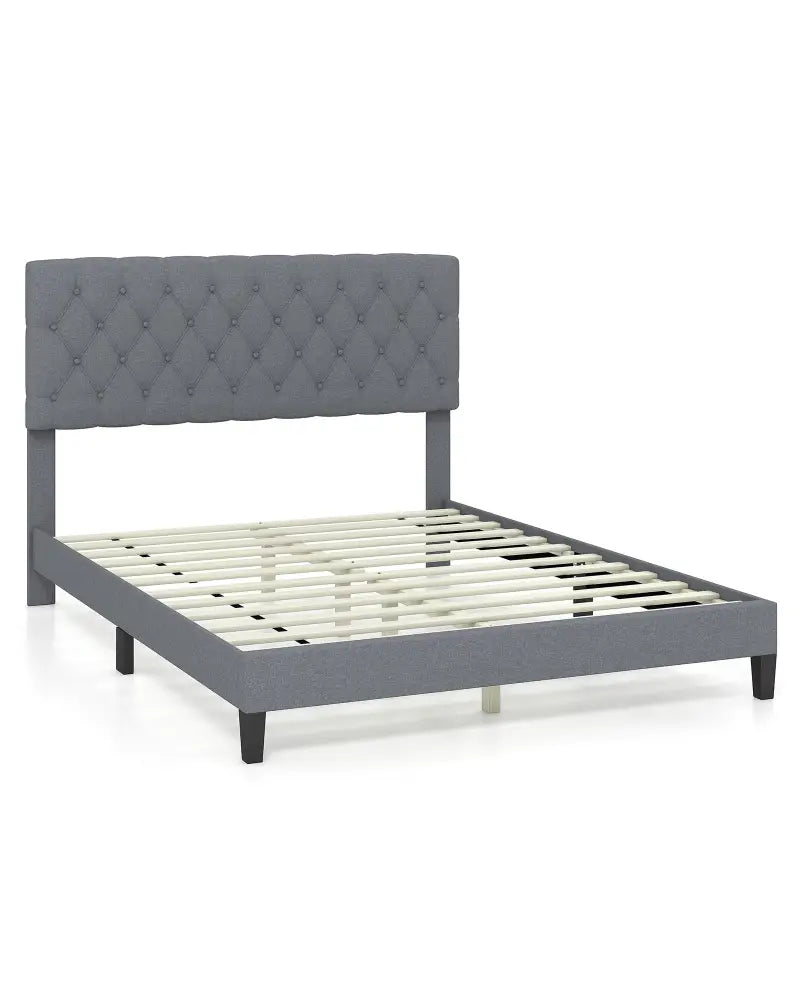 Queen Size Upholstered Platform Bed with Button Tufted Headboard-Queen & Gray - Simple Bed Frame