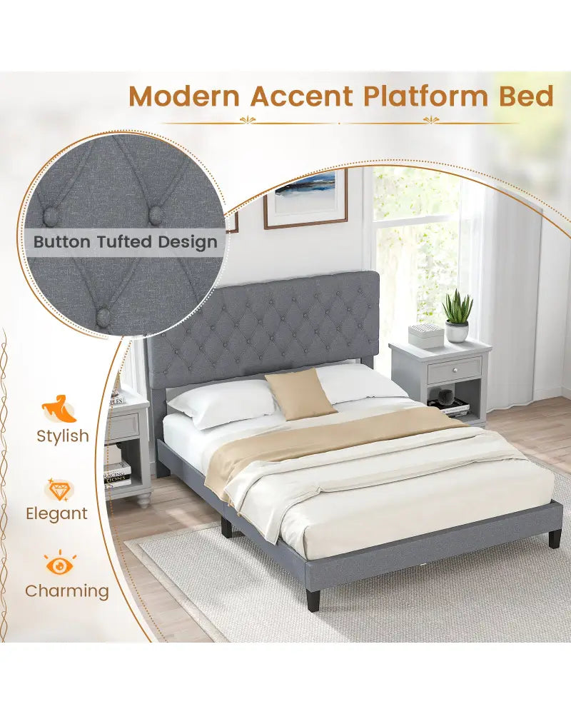 Queen Size Upholstered Platform Bed with Button Tufted Headboard-Queen & Gray - Simple Bed Frame
