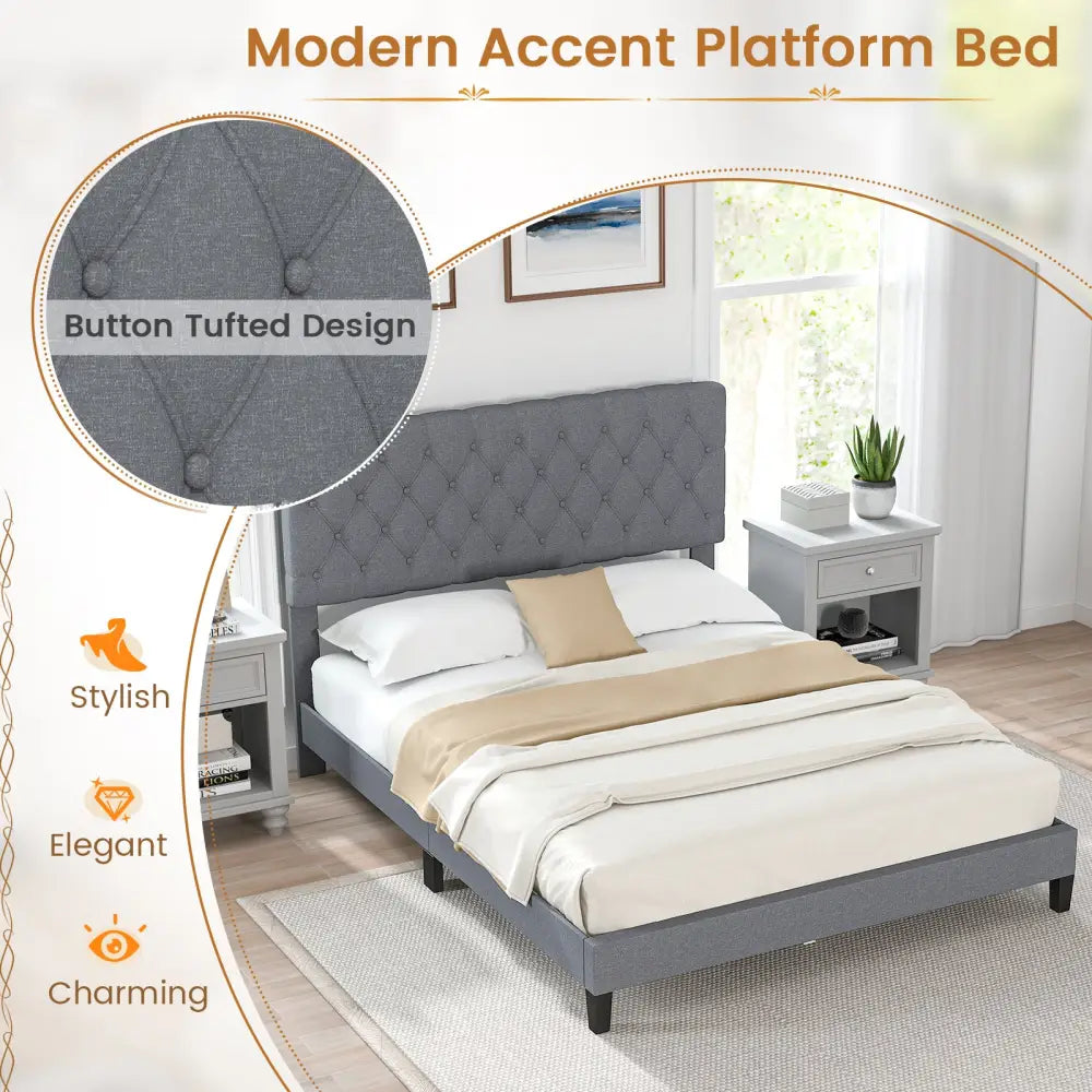 Queen Size Upholstered Platform Bed with Button Tufted Headboard-Queen & Gray - Simple Bed Frame