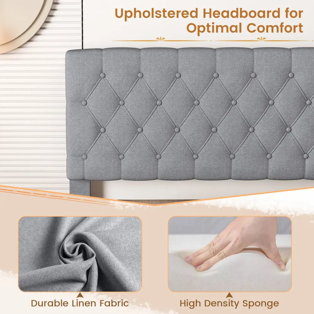 Queen Size Upholstered Platform Bed with Button Tufted Headboard-Queen & Gray - Simple Bed Frame