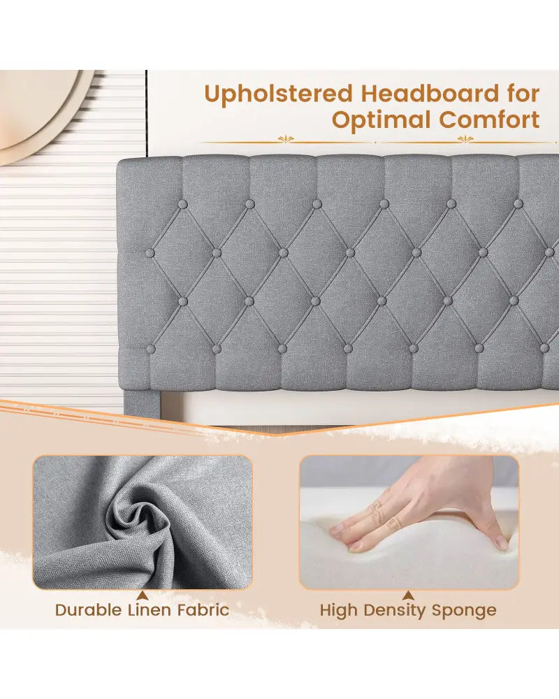 Queen Size Upholstered Platform Bed with Button Tufted Headboard-Queen & Gray - Simple Bed Frame