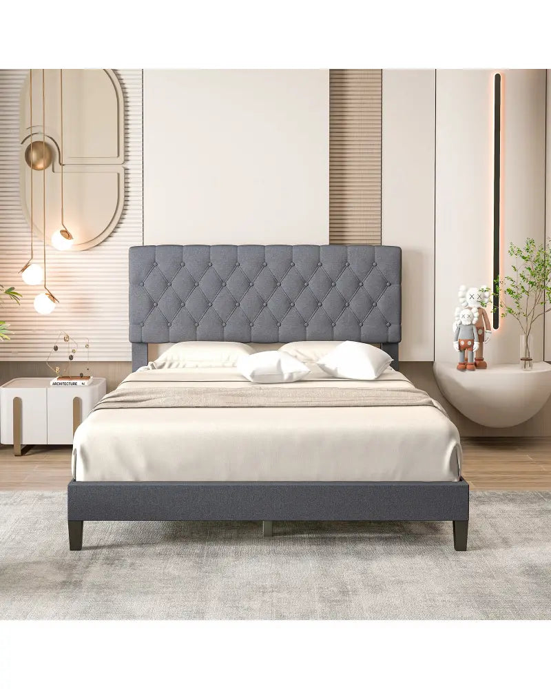 Queen Size Upholstered Platform Bed with Button Tufted Headboard-Queen & Gray - Simple Bed Frame