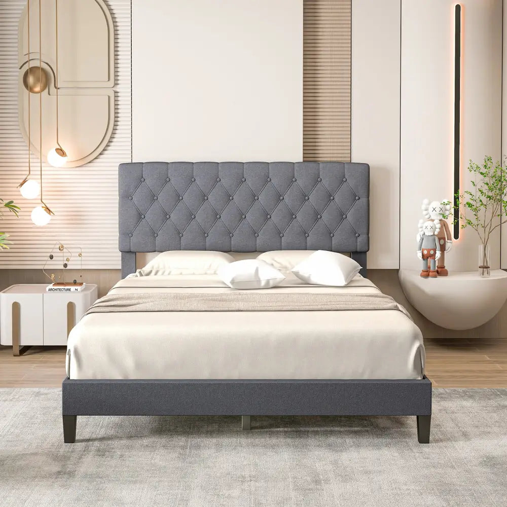 Queen Size Upholstered Platform Bed with Button Tufted Headboard-Queen & Gray - Simple Bed Frame