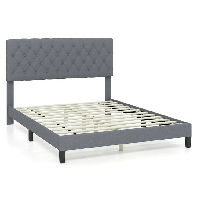 Queen Size Upholstered Platform Bed with Button Tufted Headboard-Queen & Gray - Simple Bed Frame