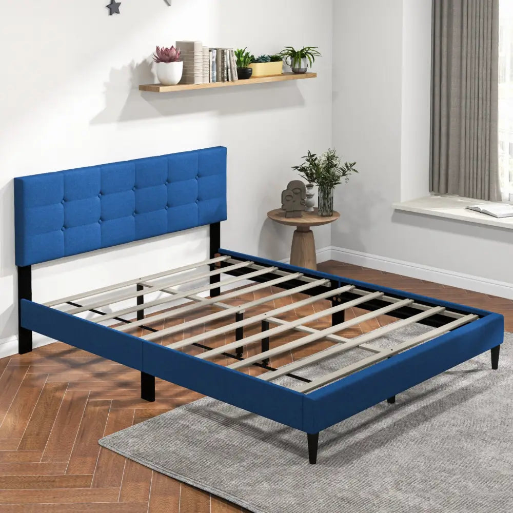 Queen Size Upholstered Platform Bed with Button Tufted Headboard-Blue - Blue - Simple Bed Frame
