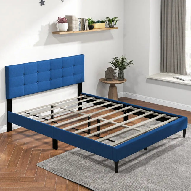 Queen Size Upholstered Platform Bed with Button Tufted Headboard-Blue - Blue - Simple Bed Frame