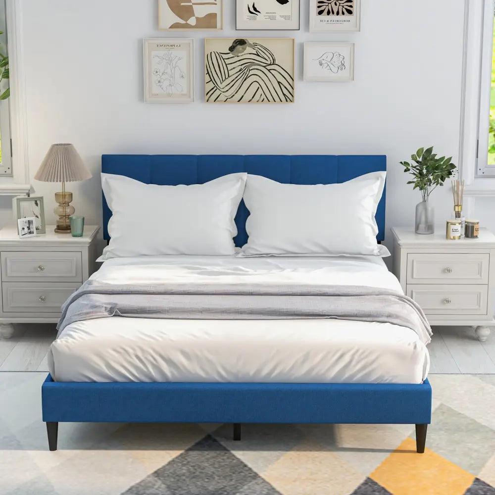 Queen Size Upholstered Platform Bed with Button Tufted Headboard-Blue - Blue - Simple Bed Frame