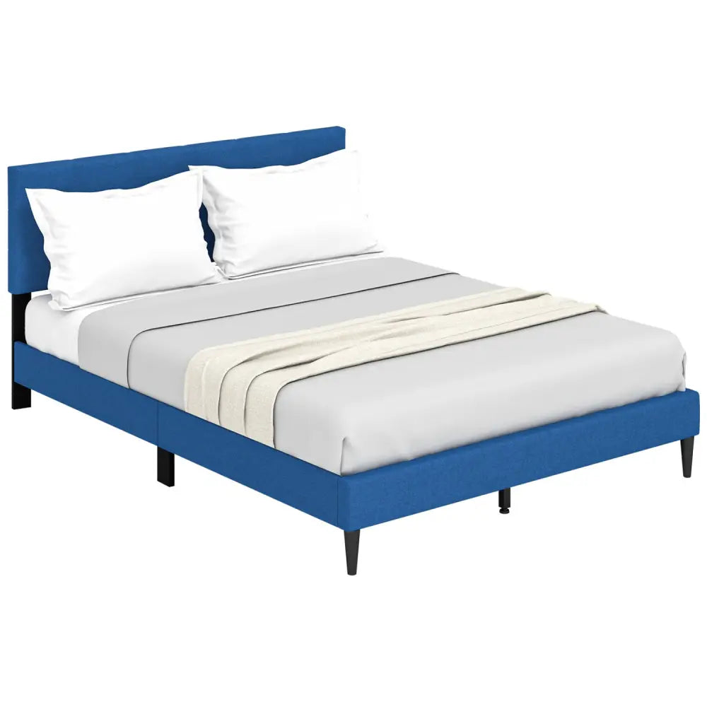 Queen Size Upholstered Platform Bed with Button Tufted Headboard-Blue - Blue - Simple Bed Frame