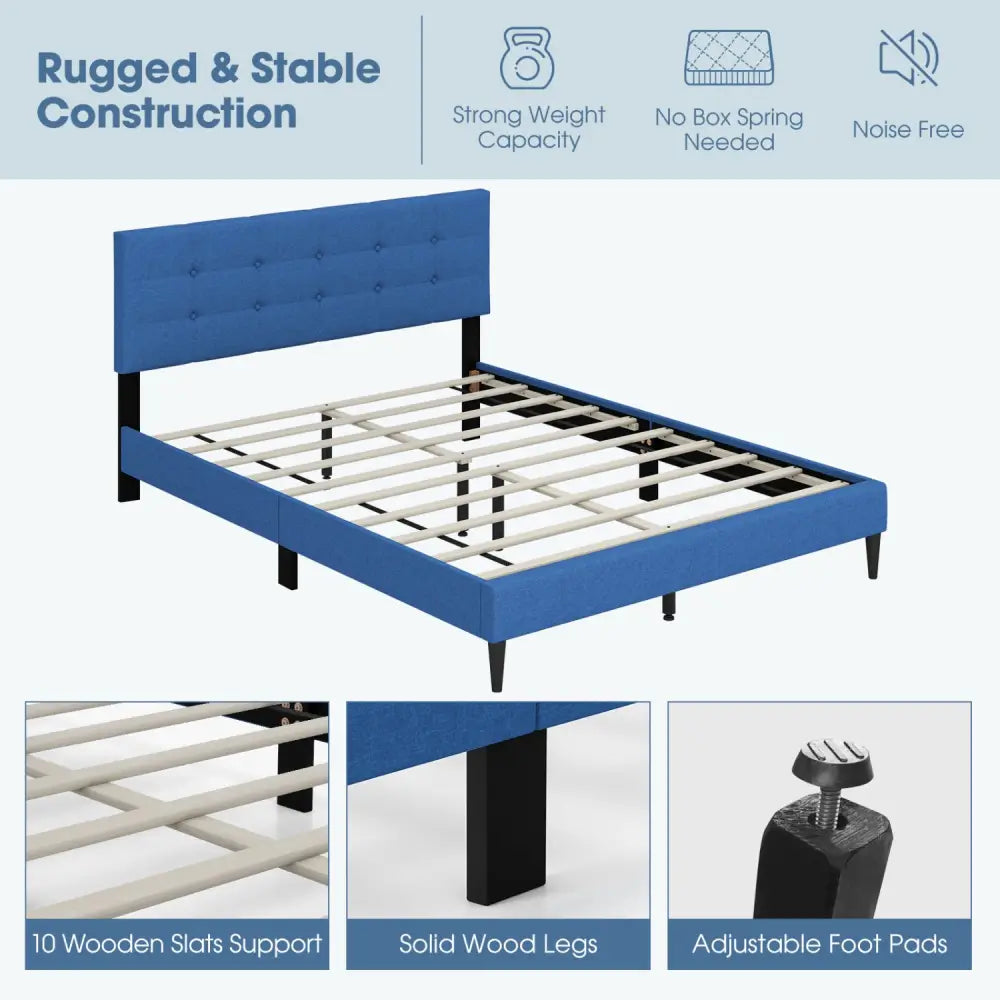 Queen Size Upholstered Platform Bed with Button Tufted Headboard-Blue - Blue - Simple Bed Frame