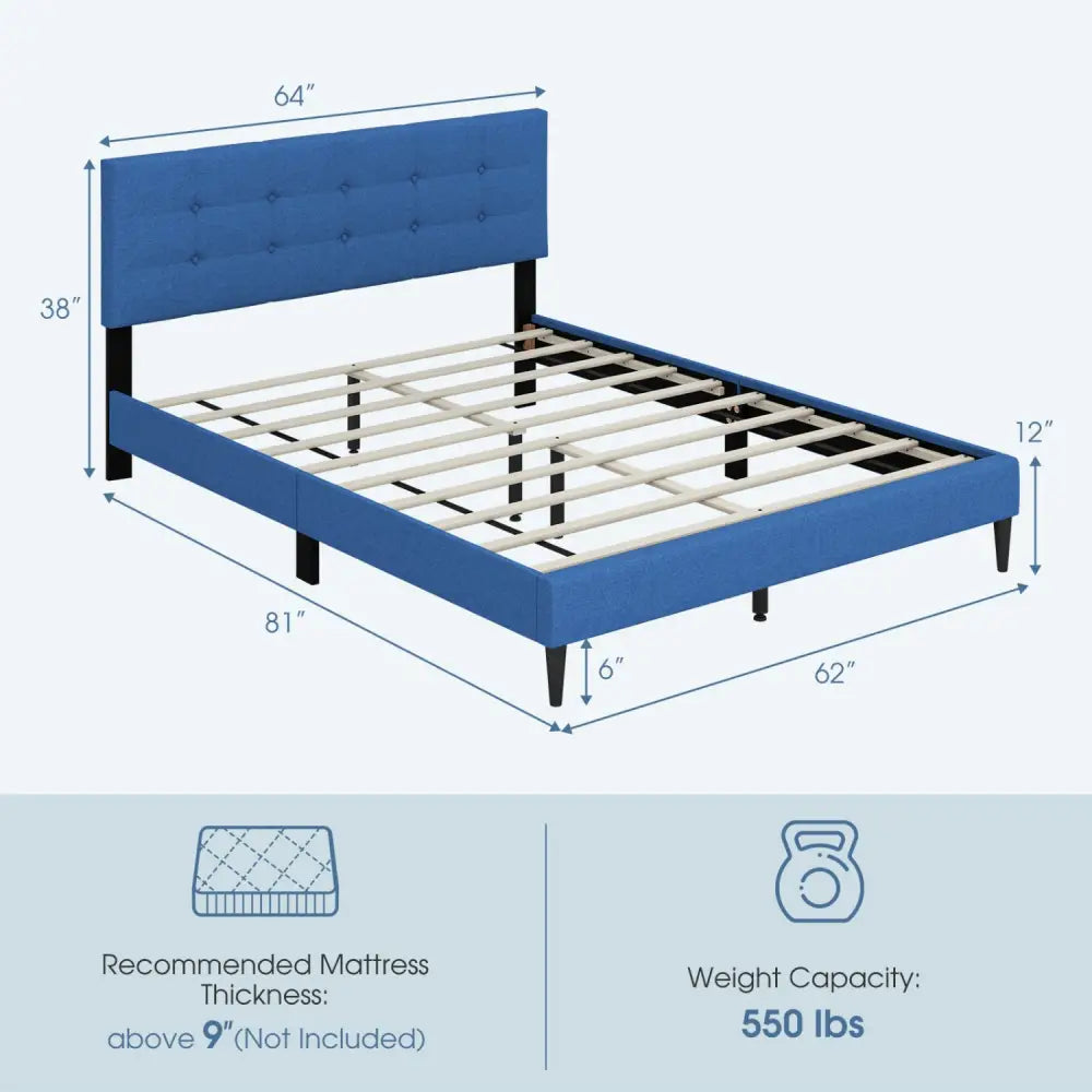 Queen Size Upholstered Platform Bed with Button Tufted Headboard-Blue - Blue - Simple Bed Frame