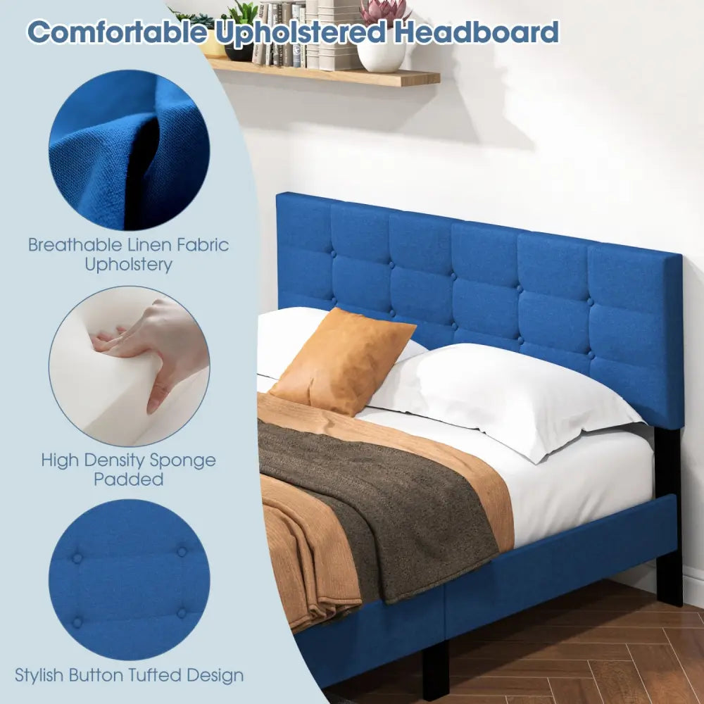 Queen Size Upholstered Platform Bed with Button Tufted Headboard-Blue - Blue - Simple Bed Frame