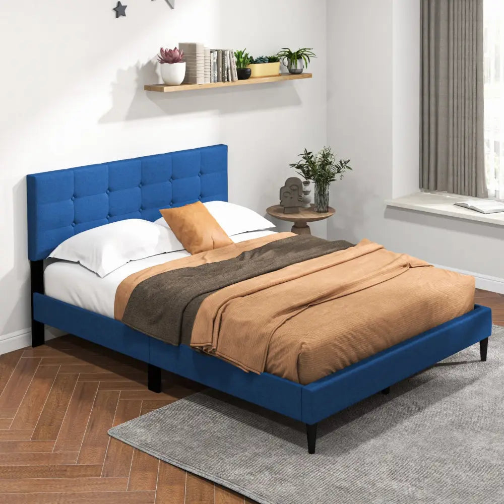 Queen Size Upholstered Platform Bed with Button Tufted Headboard-Blue - Blue - Simple Bed Frame