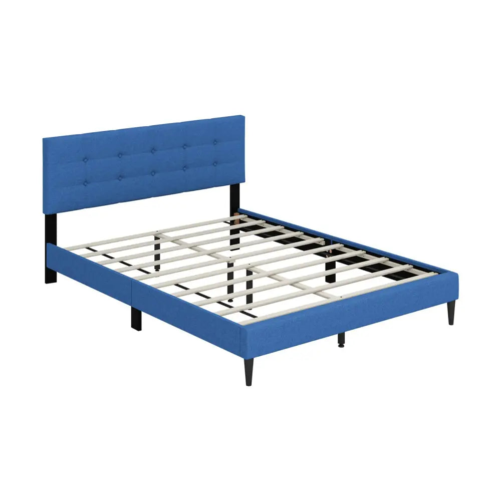 Queen Size Upholstered Platform Bed with Button Tufted Headboard-Blue - Blue - Simple Bed Frame