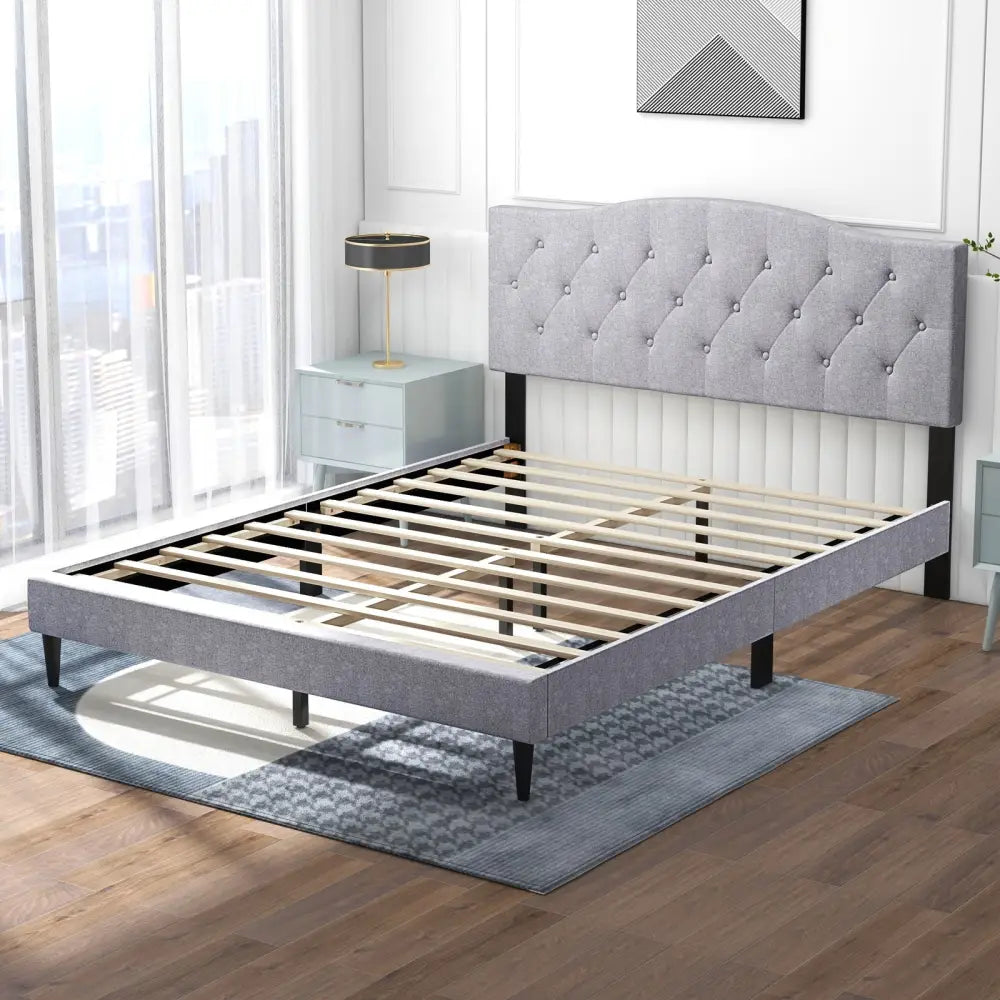 Queen Size Upholstered Platform Bed with Button Tufted Headboard-Queen Size - Gray - Simple Bed Frame
