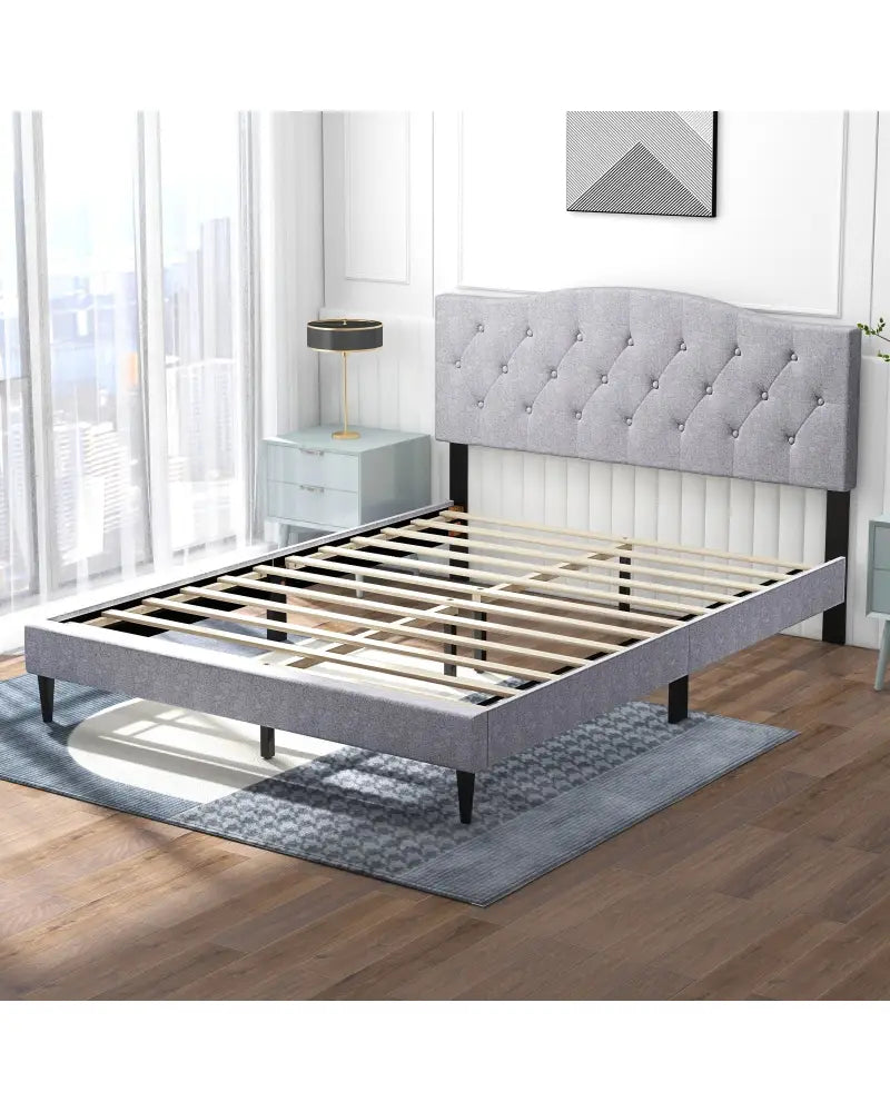 Queen Size Upholstered Platform Bed with Button Tufted Headboard-Queen Size - Gray - Simple Bed Frame
