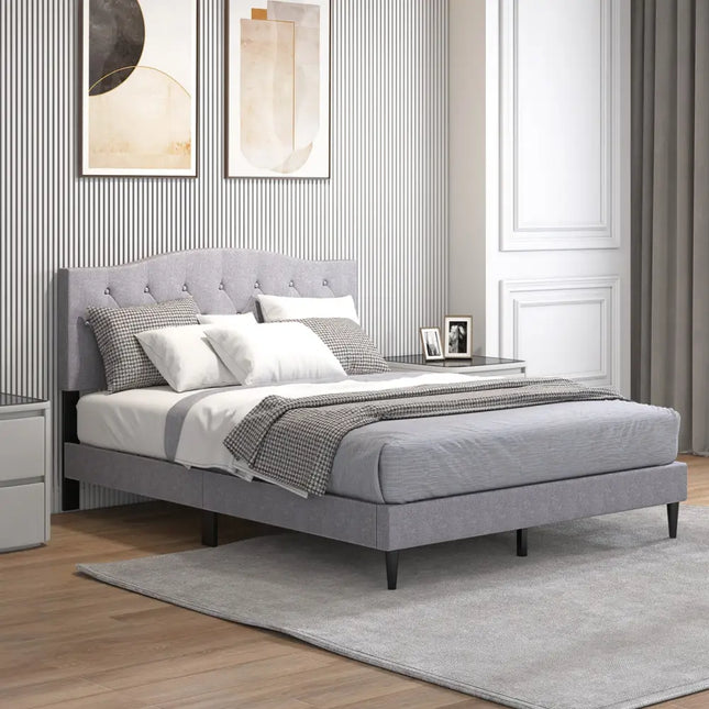 Queen Size Upholstered Platform Bed with Button Tufted Headboard-Queen Size - Gray - Simple Bed Frame
