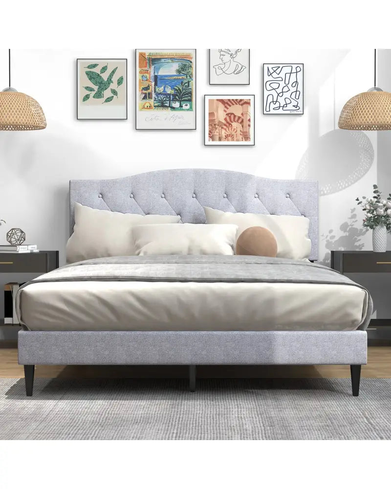 Queen Size Upholstered Platform Bed with Button Tufted Headboard-Queen Size - Gray - Simple Bed Frame