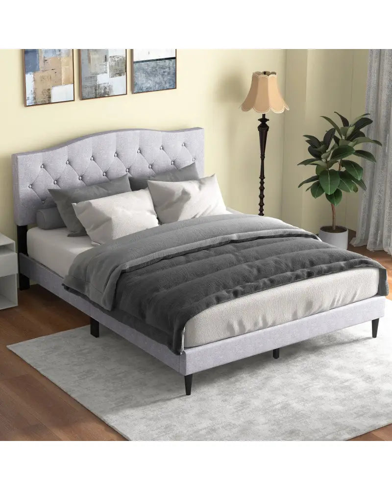 Queen Size Upholstered Platform Bed with Button Tufted Headboard-Queen Size - Gray - Simple Bed Frame