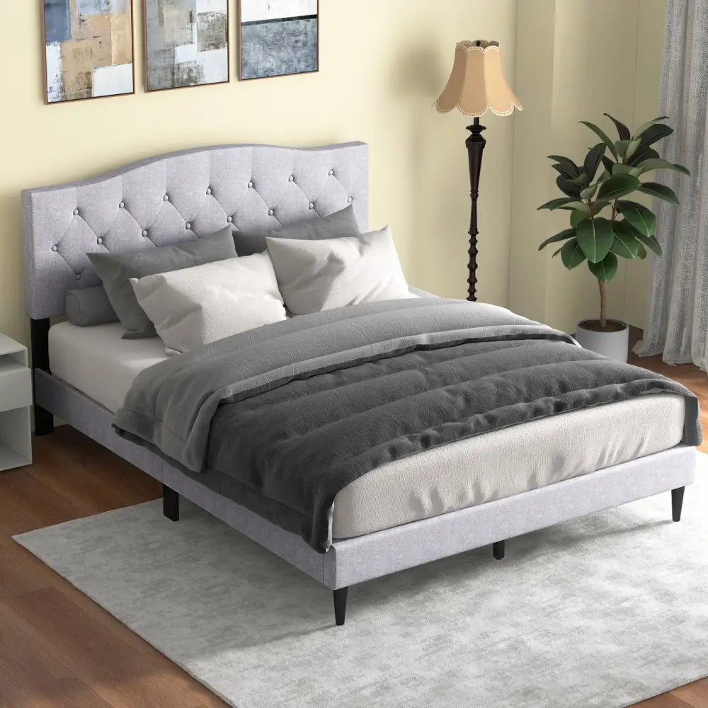 Queen Size Upholstered Platform Bed with Button Tufted Headboard-Queen Size - Gray - Simple Bed Frame
