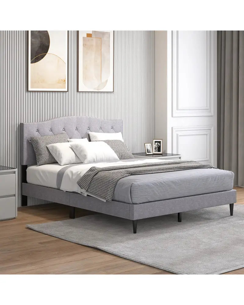 Queen Size Upholstered Platform Bed with Button Tufted Headboard-Queen Size - Gray - Simple Bed Frame