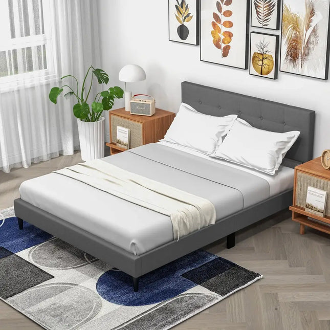 Queen Size Upholstered Platform Bed with Button Tufted Headboard-Gray - Gray - Simple Bed Frame