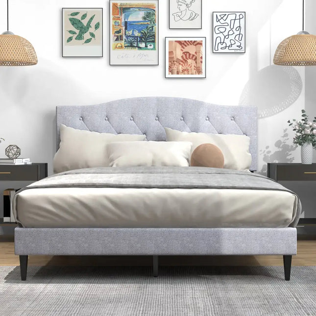 Queen Size Upholstered Platform Bed with Button Tufted Headboard-Queen Size - Gray - Simple Bed Frame