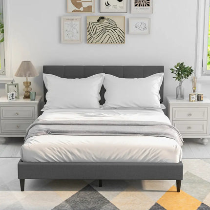 Queen Size Upholstered Platform Bed with Button Tufted Headboard-Gray - Gray - Simple Bed Frame