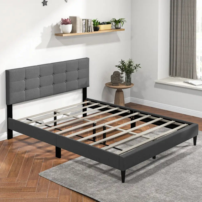 Queen Size Upholstered Platform Bed with Button Tufted Headboard-Gray - Gray - Simple Bed Frame