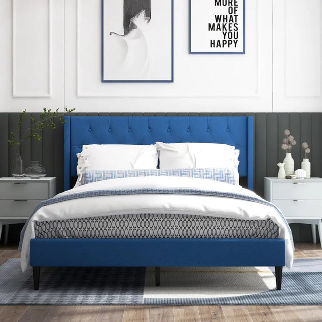 Queen Size Upholstered Platform Bed with Button Tufted Wingback Headboard-Blue - Blue - Simple Bed Frame
