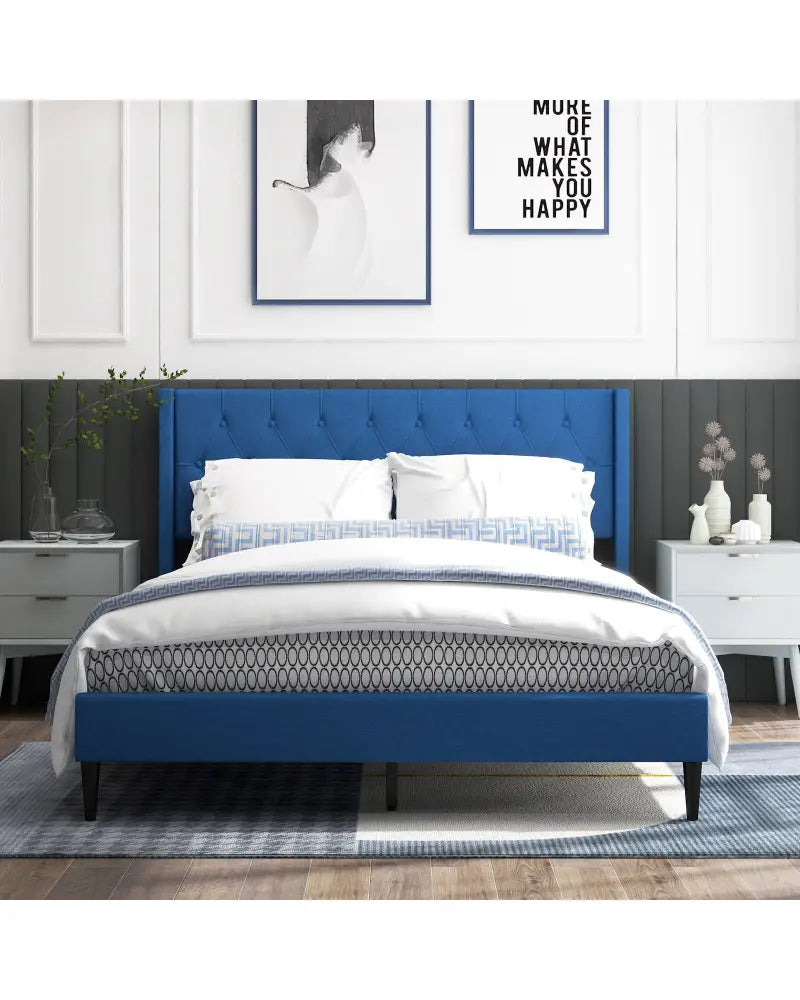 Queen Size Upholstered Platform Bed with Button Tufted Wingback Headboard-Blue - Blue - Simple Bed Frame