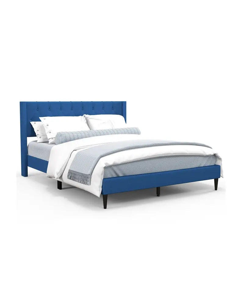 Queen Size Upholstered Platform Bed with Button Tufted Wingback Headboard-Blue - Blue - Simple Bed Frame